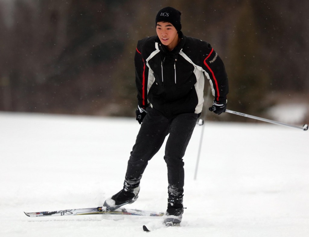 An LCS student on the Nordic Ski Team enjoys the fresh snowfall