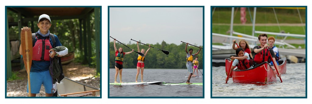Student holding canoe paddle, students paddleboarding, students canoeing