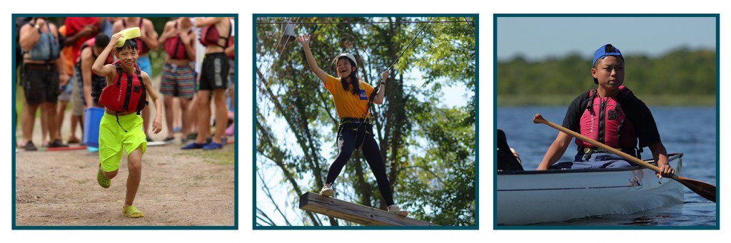 Student running, student on high ropes, student in canoe